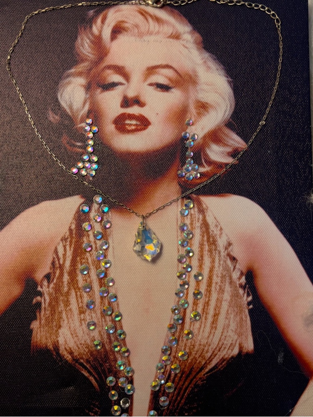 Iridescent Crystal Teardrop Necklace and Earrings Set - Silver Chain
